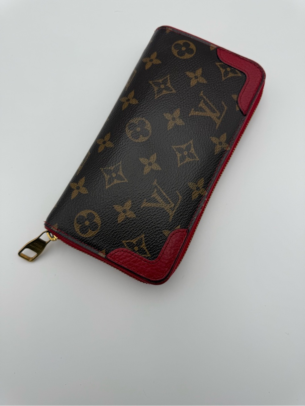 Louis Vuitton Monogram Long Zip Wallet with Red Trim & Gold Hardware